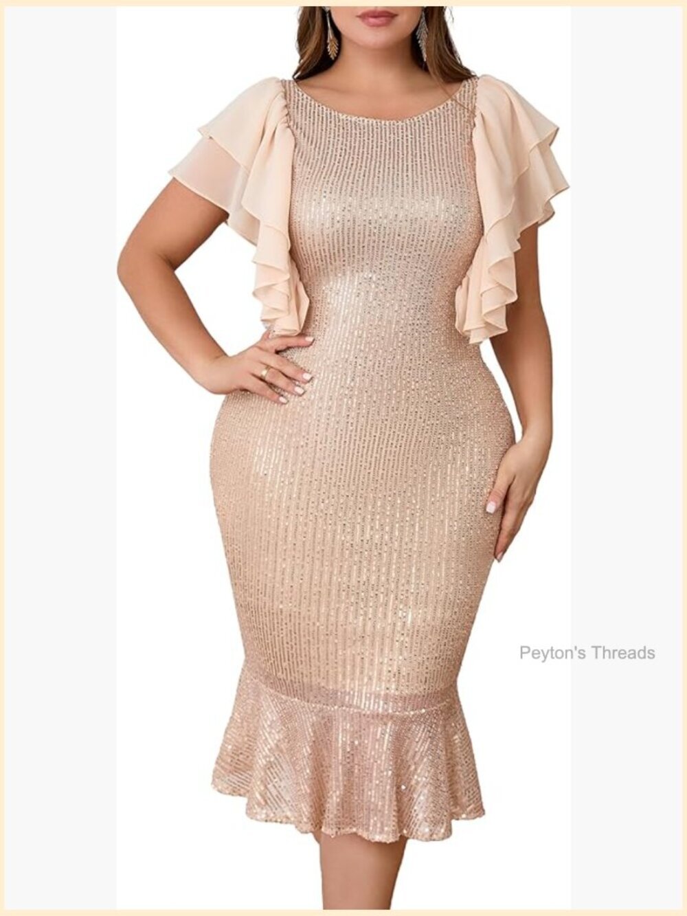 Sequins Plus Size Midi Dress Bodycon Mermaid Hem Ruffle Sleeve Prom Dress